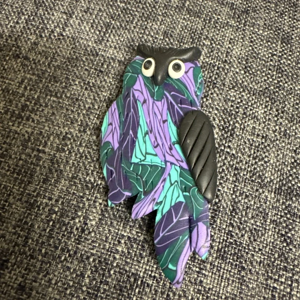 Handmade‎ Vintage Polymer Clay Owl Brooch - Purple Art To Wear Teacher Nature